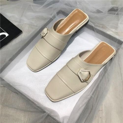 2021 Summer New Brand Women Loafers Slipper Square Toe Slip On Mules Shoes Fashion Buckle Luxe Designer Low Heel Ladies Slides