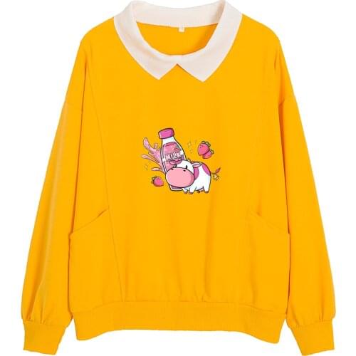 Harajuku Strawberry Milk Sweatsuit Kawaii Cow Cotton Casual Pullover Jumper Long Sleeve for Teen Gift Women Aesthetic Sweatshirt