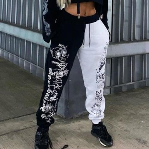 Warm Winter Skull Graphic Sweatpants Women Bottoms Pants Black White Patchwork Joggers 2021 New Hip Hop Streetwear Plus Size