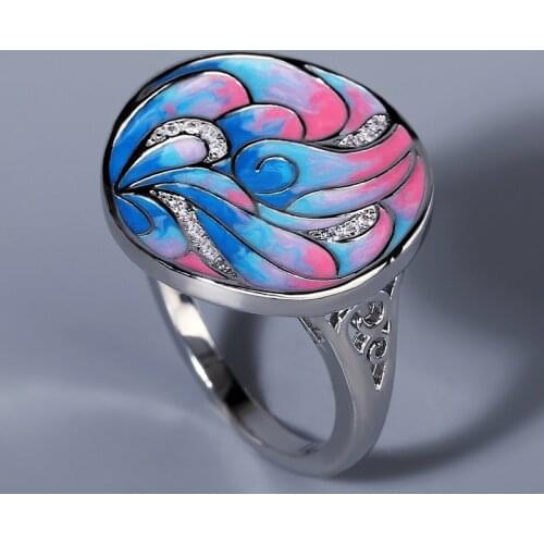Unique 925 Silver Ladies Ring Painted Flower Ring Unique Handmade Enamel Engagement Party Ladies Ring Jewelry 925 Original Rings