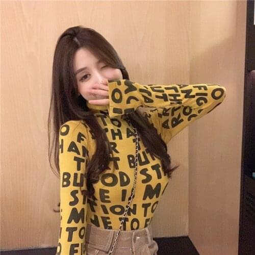Spring and autumn turtleneck long-sleeved sweater Slim stretch letters printed tops fashion street T-shirt female ins
