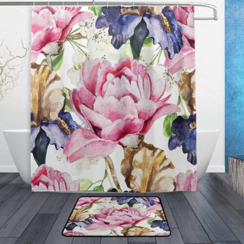 Vintage Watercolor Pink Flower Waterproof Polyester Fabric Shower Curtain with Hooks Doormat Bath Floor Mat Bathroom Home Decor