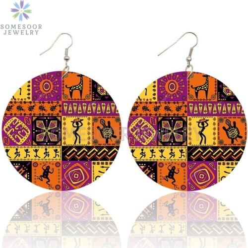 SOMESOOR Vintage Afro Ethnic Artistic African Wooden Drop Earrings Black Culture Pattern Printed Wood Ear Dangle For Women Gifts