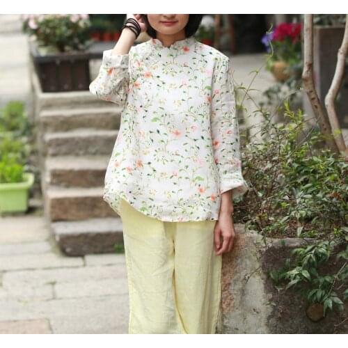 Y617 Literature Small Unlined Upper Garment Easy Will Code Double-deck Ramie Printing Linen Shirt h190417