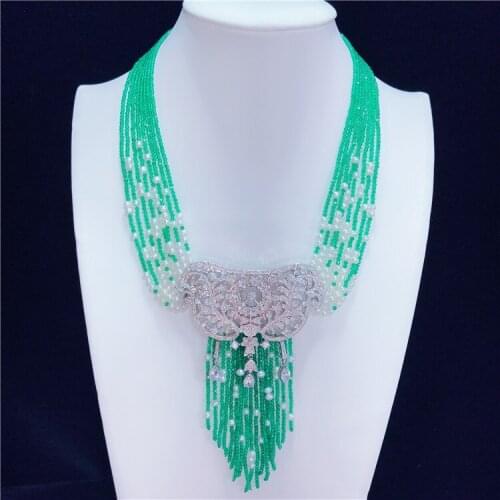 Hand knotted noble white natural freshwater pearl green stone micro inlay zircon tassel necklace fashion jewelry
