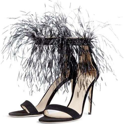 2021 Black Sexy Feather Design Women Sandals Gladiator Ankle Strap Thin High Heels Summer Shoes Large Size42 Lady Prom Sandalias