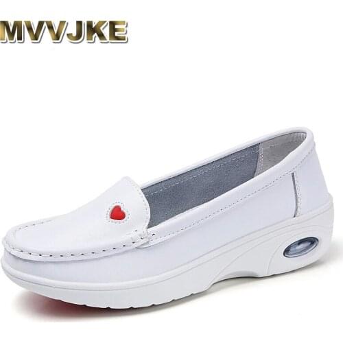 MVVJKE Women White Genuine Leather Flats Female Slip-on Ballet Flats Soft Boat Shoes Nurse Work Loafers High Quality Loafers