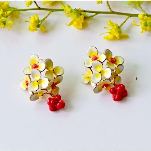Statement Flowers Earrings For Women Enamel Glaze Mori Plant Red Fruit Stud Ear Jewelry S925 Needle Copper 18K Plated 2021 New