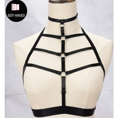 BODY HARNESS Goth Women Cage Sexy Lingerie Black Elastic Adjust Tops Halter Bondage Bra Fetish Erotic Body Harness Cage Bra