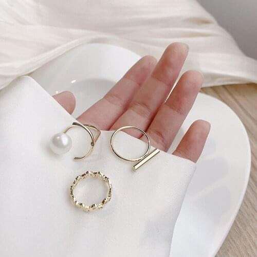 Design Sense Fashion Ring Female Three-Piece Suit Wild Ins Personality Pearl Ring Bracelet Cold Wind Suit Ring