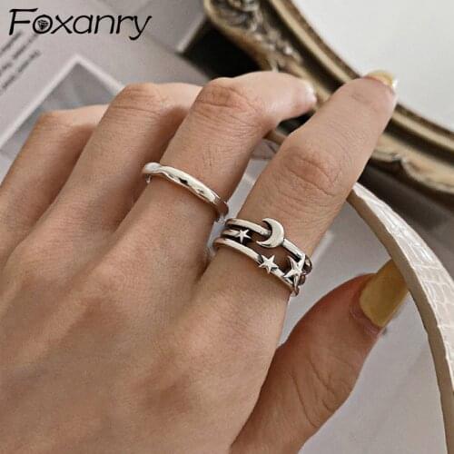 Foxanry Minimalist 925 Sterling Silver Stars Moon Rings for Women New Fashion Creative Multilayer Geometric Party Jewelry Gifts