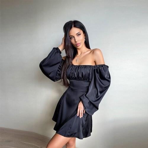 Women Autumn Sexy Square Collar Bandage Dress Slim Long Puff Sleeve Pleated Bustier Satin Dress Mini Bodycon Party Club Vestido