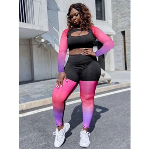 ZKYZWX Gradient Patchwork 2 Piece Tracksuits Women Set Hollow Long Sleeve T Shirt Trendy Pencil Pants Lounge Wear Matching Sets