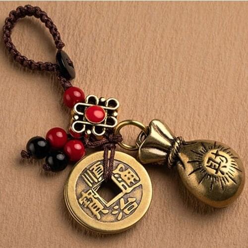 2PCS Handmade Rope Lucky Feng Shui Hanging Vintage Brass Money Bag Keychain