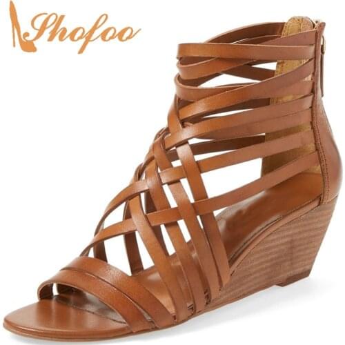 Borwn Gladiator High Wedges Heels Sandals Woman Open Toe Zipper Vegan Leather Large Size 32 38 Laides Summer Dress Shoes Casual