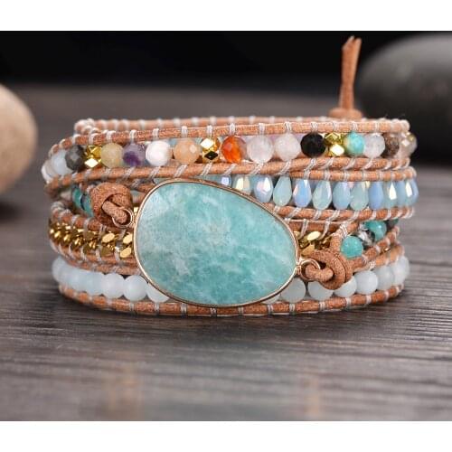 Five Strands Amazonite Big Stones Wrap Bracelets Bangles Handmade Crystals Beaded Women Boho Jewelry