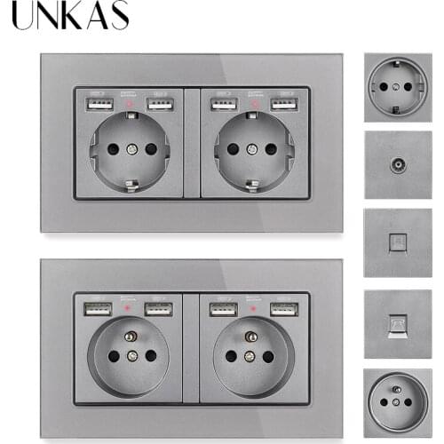 UNKAS French EU Socket Dual USB Port + TV RJ11 Telephone RJ45 Internet Computer Jack Gray Tempered Crystal Glass Panel Outlet