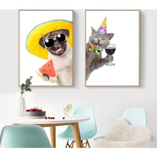 Cute Dogs And Cats Canvas Painting Wall Art Prints Poster Wall Pictures For Living Room Decor Home Decor