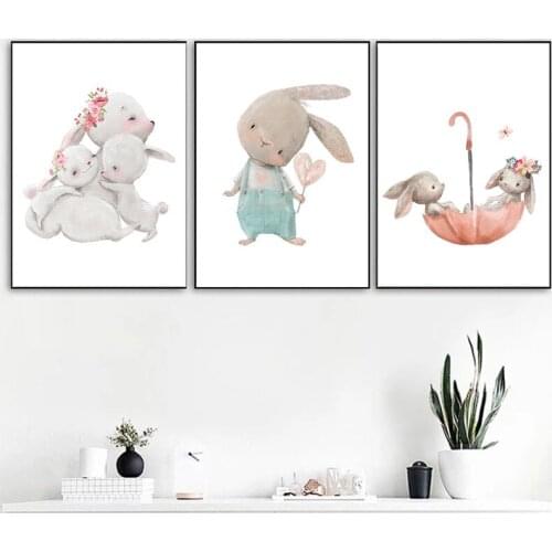 Nordic style cute Bear Rabbit Baby Bunny Nursery Canvas Painting Flower Animals Wall Art Poster and Print Picture for Kids Room