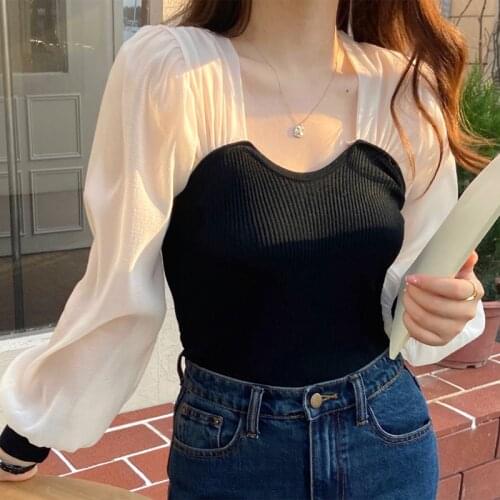 Koreas Chic Temperament Was Thin, Square Neck Mesh Yarn Contrast Stitching Fake Two-Piece Slim Puff Sleeve Sweater Top Women