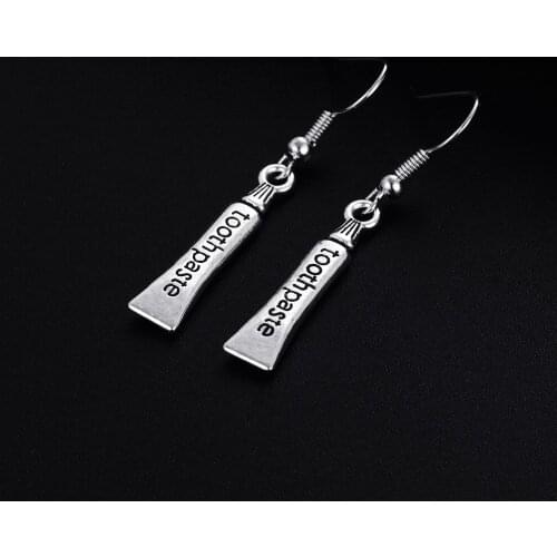 Trendy Vintage Toothbrush Shape Dangle Antique Silver Plated Earrings for Women Girl Retro Drop Earrings Cute Earring Jewelry