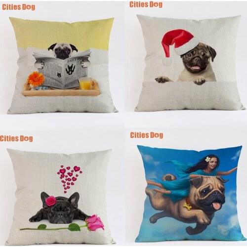 Pug decorative pillows cushion cover Linen 35x35 45x45 55x55cm Pillowcase new Year decoration gift Pugs dog almofada cojines