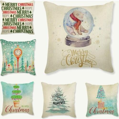New Home Decor Christmas Tree Clocks Sofa Throw Pillow Cover Cotton Linen Snowflake Letter Print Cushion Cover Polar Bear Pillow