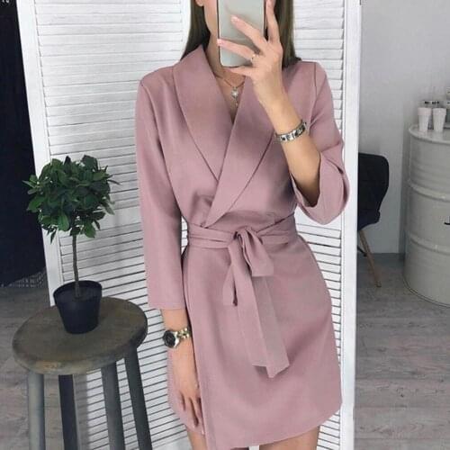 40%HOTWomen Autumn Solid Color Lapel Collar Long Sleeve Waist Belt Mini Dress Coat