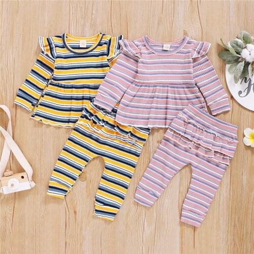 Toddler Girls 2Pcs Baby Autumn Suit Stripes O-Neck Ruffle Long-Sleeves Skirt-Like Top + Elastic Waist Pleated Pants
