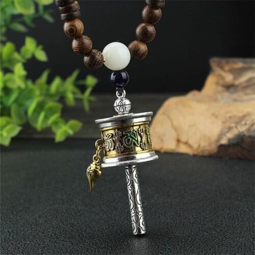New Tibet Prayer Wheel Charms Pendant Necklace Buddhist Mala Wood Beads Necklaces Vintage Mantra Long Sweater Necklace