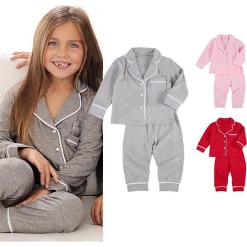 2 Piece Toddler Kids Girls Boys Pajama Sets Long Sleeve Lapel Buttons Shirt Top+Pant Cotton Casual Homewear Sleepwear Nightwear