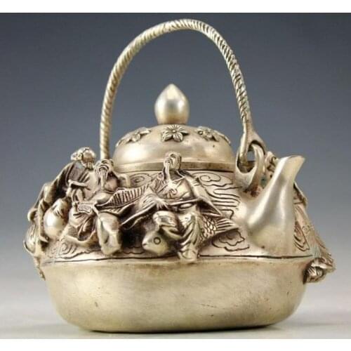 Collect Vintage Handwork Tibet Silver Carved Immortal Tea pot Flagon Free Shipping