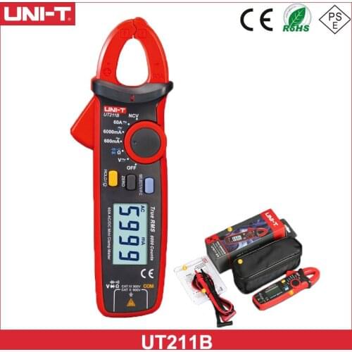 UNI-T UT211B AC/DC 60A Mini Digital Clamp Meters; True RMS Ammeter, V.F.C./NCV/ Resistance/Capacitance Test, LCD Backlight