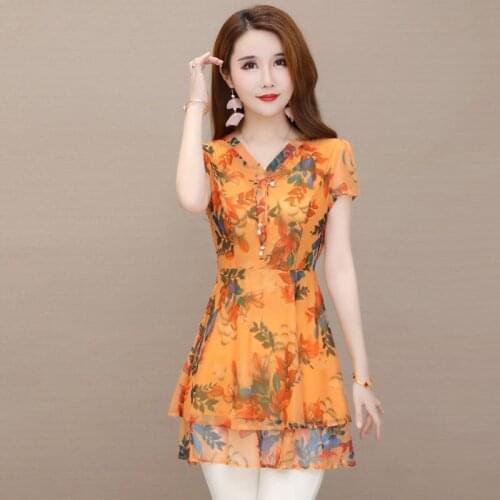 Women Spring Summer Style Chiffon Blouses Shirts Lady Casual V-Neck Short Flare Sleeve Printed Blusas Tops ZZ0475