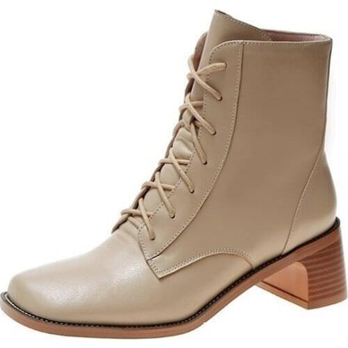 Lace Up Short Ankle Boots for Women Fad Autumn Black Leather Boots New Martin Boots Female Thick Block High Heels Shoes Woman