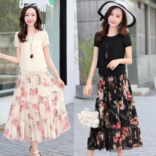 Summer Korean Floral Print Women Chiffon Two Piece Sets Round Neck Short Sleeve Elastic Waist Midi Skirt Elegant Lady Suit X57