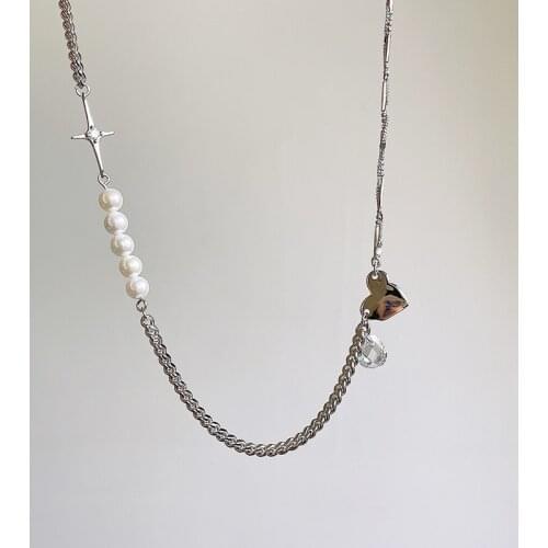 Silvology 925 Sterling Silver Pearl Cross Heart Chokers Necklace for Women Asymmetry Element Combination Necklace Fine Jewelry