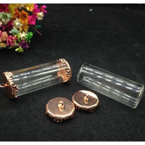 100sets/lot 40*15mm tube shape glass bottle with rose gold flower cap open glass globe vial pendant jewelry necklace findings