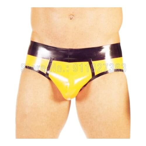 100% Latex Pants Mens Hot Sexy Shorts Exotic Pants Rubber Latex Underwear Yellow with Black Trim