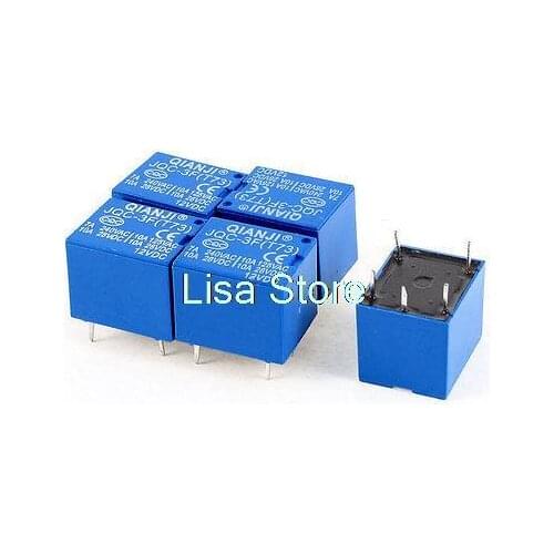 5pcs DC 12V 5 Pin Terminals SPDT PCB Type Power Relay JQC-3F(T73)