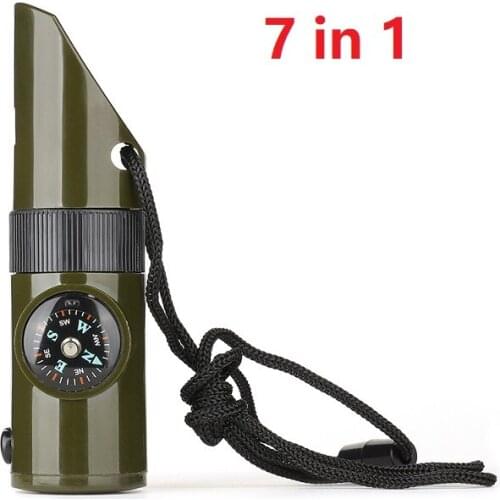 Outdoor 7 In 1 SOS Survival Whistle Kit Camping Survival Whistle Compass Thermometer Flashlight Magnifier LED Light Tools Hiking