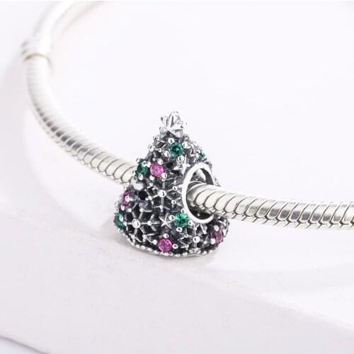 925 Sterling Silver Colorful Glitter Christmas Tree Pendant Charm Bracelet DIY Jewelry Making For Original Pandora