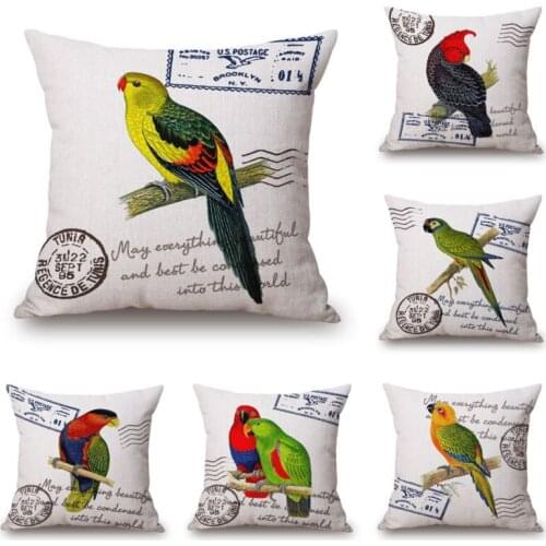 18" Home Cotton Linen Bed Pillow Case Watercolor Parrot Square Room Gifts Single Sides Printing