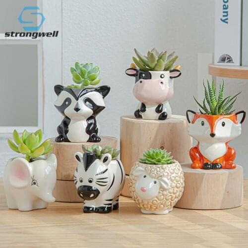 Strongwell Nordic Ceramic Animal Flower Pot Cartoon Zebra Sheep Cow Head Mini Succulent Plants Bonsai Flowerpots Home Decoration