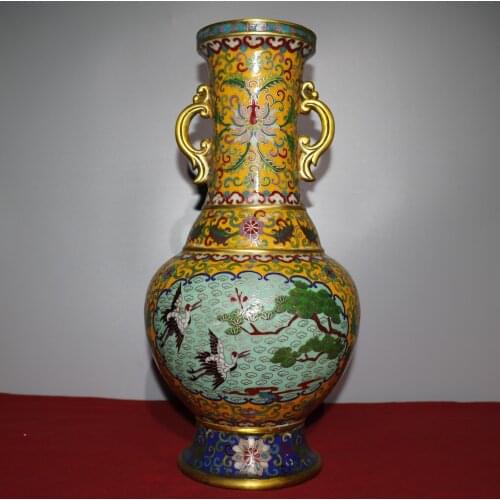 17"Chinese temple collection Old Bronze Cloisonne Enamel Songhe Yannian Binaural Long diameter bottle vase Office Ornaments