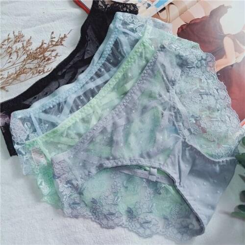 Embroidered lace women sexy transparent underwear high waist ladies soft panties