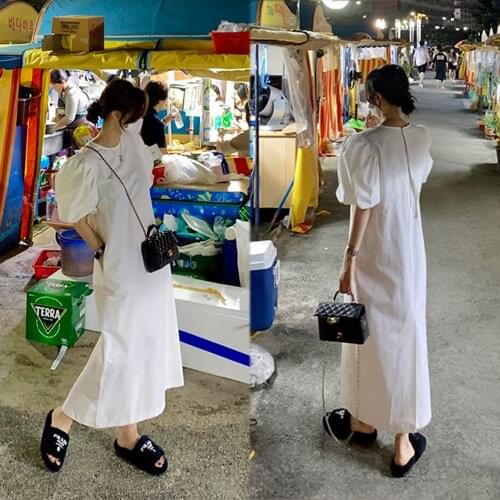 Summer round neck niche design back rope zipper bubble sleeves slim dress dress