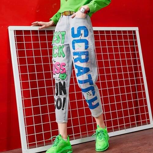 New summer womens denim jeans ripped street jeans women graffiti paint color letters harem denim trousers NZ77