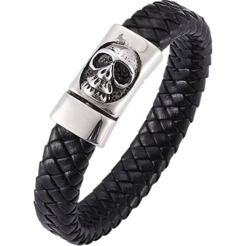 Punk Skull Men Bracelet Black Leather Skeleton Stainless Steel Magnet Buckle Bracelet Fashion Rock Male Jewelry Gift BB0263