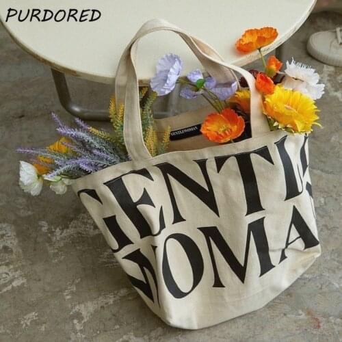 PURDORED 1 Pc New Women Letter Print Canvas Shoulder Bags Reusable Female Large Shopping Bag Casual Handbag Designer Tote Bag